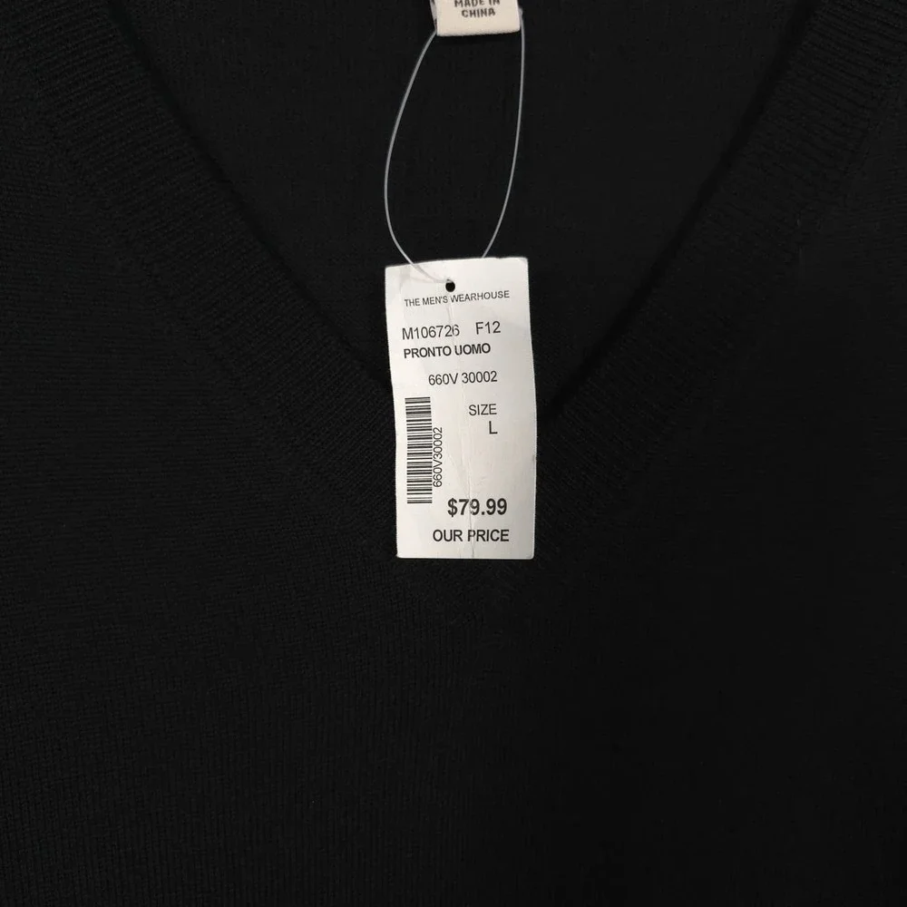 PRONTO UOMO Men's Sweater LARGE Black EXTRA FINE MERINO WOOL V-neck‎ Pullover